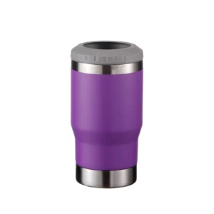350ml travel mug with a purple body, gray open-sip lid, metallic-look upper band and base.