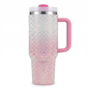 Wholesale Luxury Bling Rhinestone Tumbler with Handle 40oz Pink Ombre Crystal Insulated Travel Mug