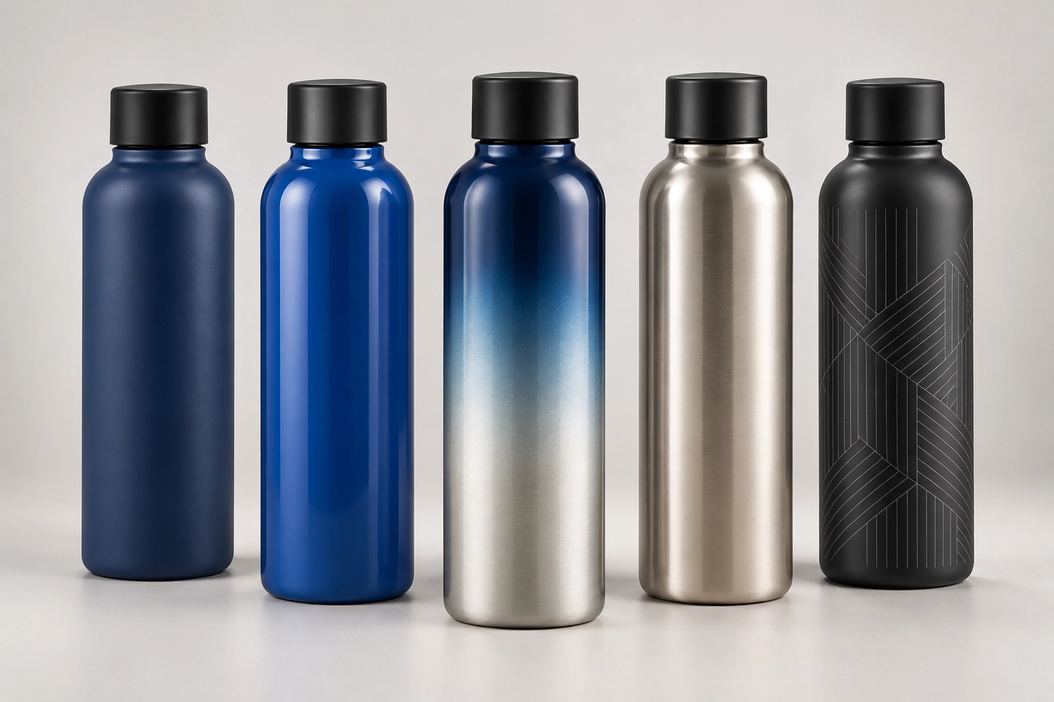 Custom drinkware finishes including matte, glossy, gradient, metallic and laser engraving